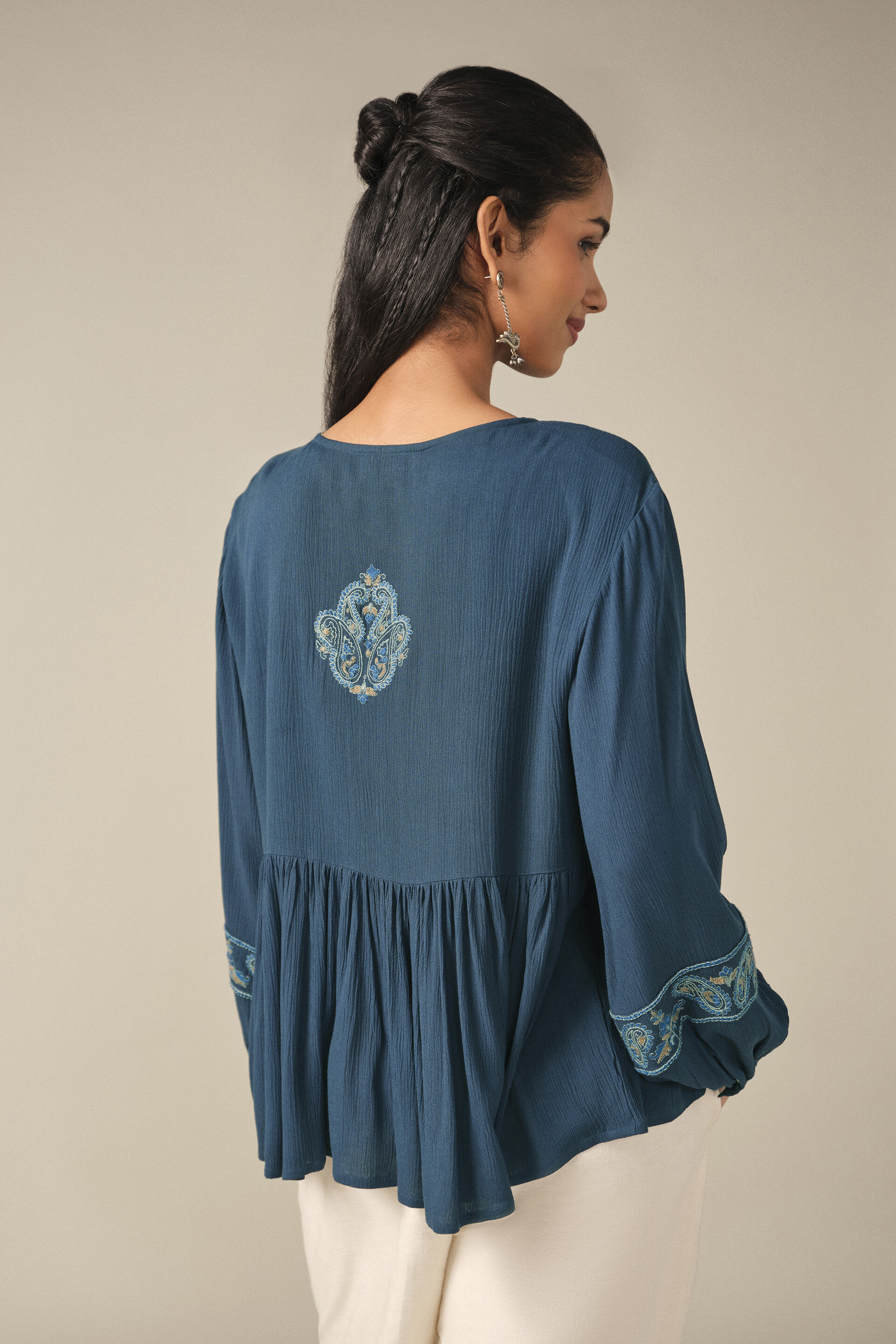 Embroidered Peasant Top in Indigo, Indigo, image 5